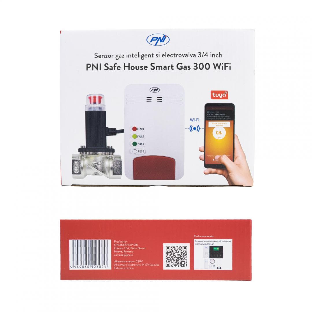 Kit senzor gaz inteligent si electrovalva PNI Safe House Smart Gas 300 WiFi cu alertare sonora, aplicatie de mobil Tuya Smart, integrare in scenarii si automatizari smart cu alte produse compatibile Tuya — miniatură