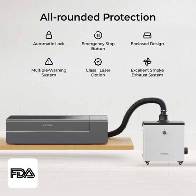 Makeblock xTool P2 55W Pachet Educational ce include: 1 x xTool P2 55W clasa I, 1x xTool Smoke Purifier ce permite purificarea eficienta a fumului, 1 x pachet de materiale educationale (ce include ghid de lectie); Dispozitivul de gravare are o putere nominala de 55W (tub laser de sticla CO2), viteza — miniatură