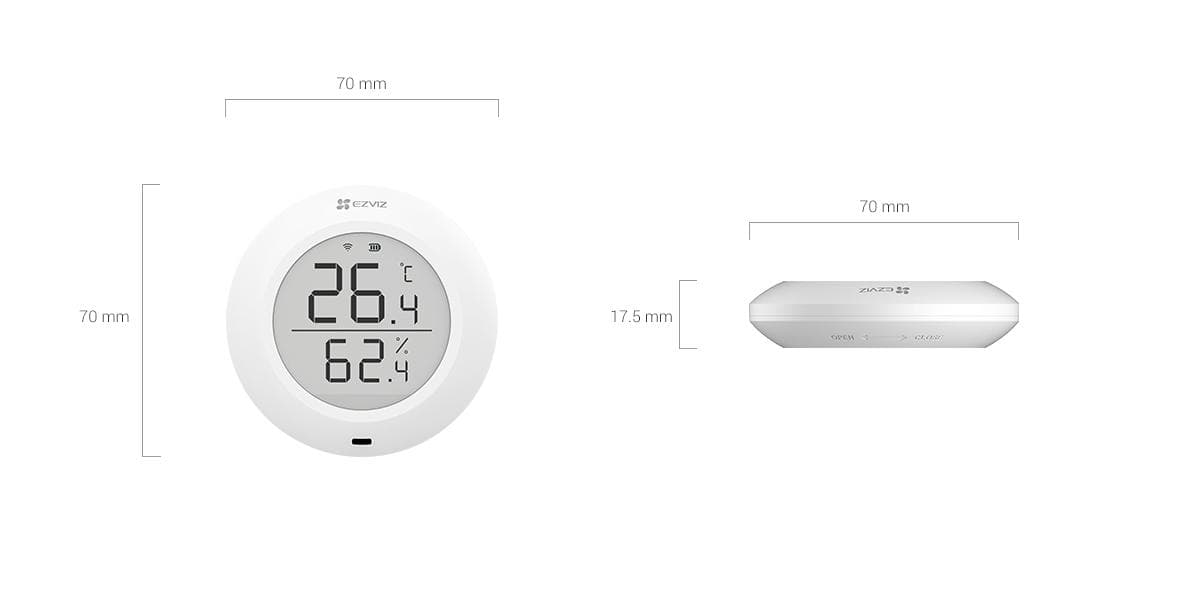 Senzor de Temperatura si Umididtate Ezviz CS-T51C-A0-BG; Baterie: CR2450; Voltaj: DC 3V; Protocol: ZigBee 3.0; Frecventa Wi-Fi: 2.4 GHz; Distanta Comunicare < 200M;Real-Time Temperature and Humidity Monitoring, Large 1.8-inch Display; Instant Alerts via EZVIZ App;Smart Integration with EZVIZ Cameras — miniatură