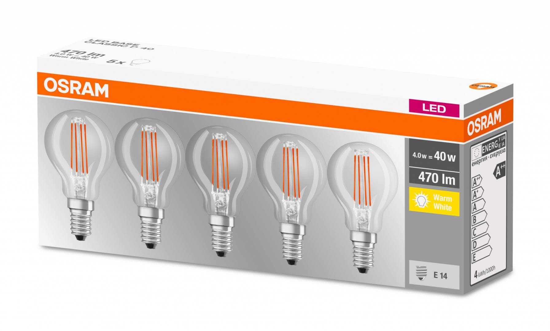 5 Becuri LED Osram Base Classic P, E14, 4W (40W), 470 lm, luminacalda(2700K), cu filament — miniatură