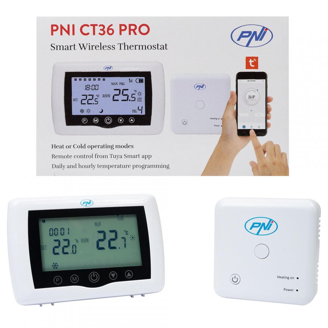 Termostat inteligent PNI CT36 PRO fara fir, WiFi 2.4GHz, control prin Internet APP TuyaSmart, regim iarna-vara, pentru centrale termice, Montare: Birou / perete, Culoare Alb, Conectivitate: Wireless la router Internet: WiFi 802.11b/g/n (2.4 GHz); WPA2 (TKIP and AES) - Fără fir între cele 2 unități