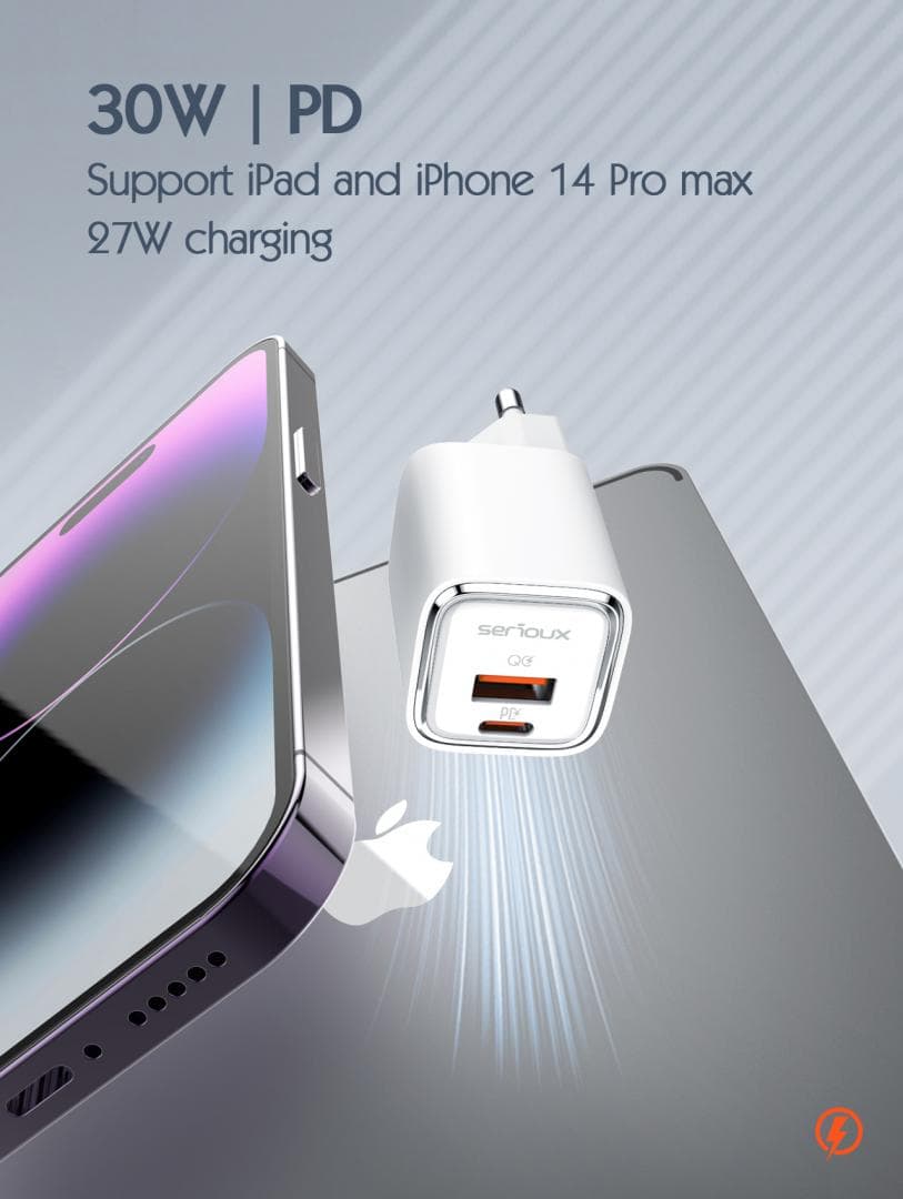 Incarcator retea Serioux 30W Quick Charge, Intrare AC100-240V~ 50/60Hz 0.7A Max, PD Ieșire: 5V-3A, 9V-3A, 12V-2.5A, 15V 2A, 20V=1.5A (30W), QC Ieșire: 5V-3A, 9V-2A, 12V=1.5A (18W), PD+QC=5V=3.6A, Total: 30W Max — miniatură