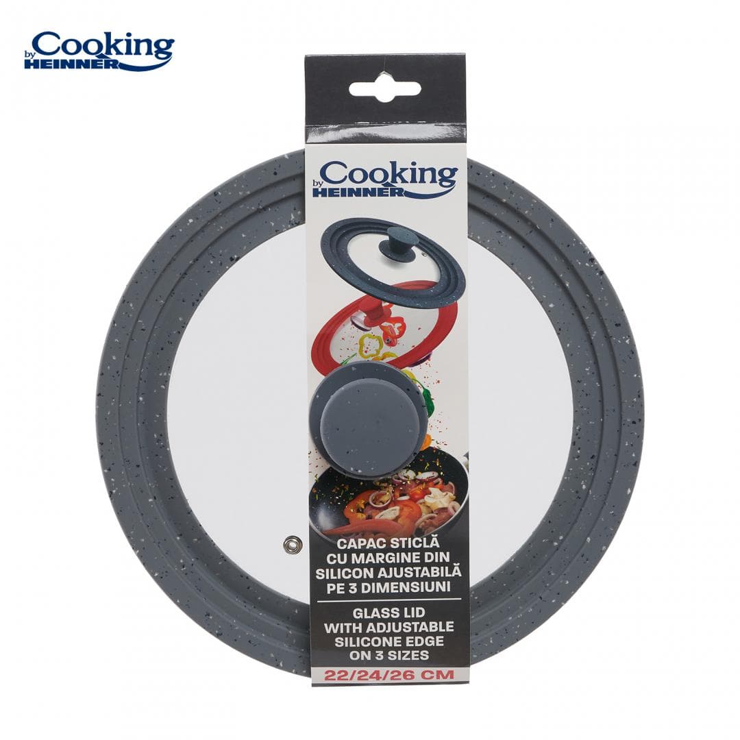 CAPAC STICLA CU MARGINE DIN SILICON AJUSTABILA PE 3 DIMENSIUNI 22/24/26 CM. GRI, COOKING BY HEINNER — miniatură