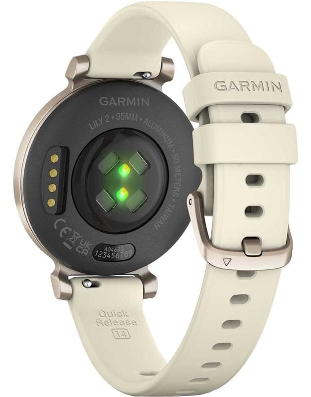Ceas Garmin Lily 2, display AMOLED, dimensiune afisaj 35.4 mm, rezolutie afisaj 240 x 201 pixeli, memorie 8GB, autonomie pana la 5 zile, rezistanta la apa pana la 5 ATM, greutate: 24,4g, ramăCrem auriu, curea cafenie din material textil — miniatură