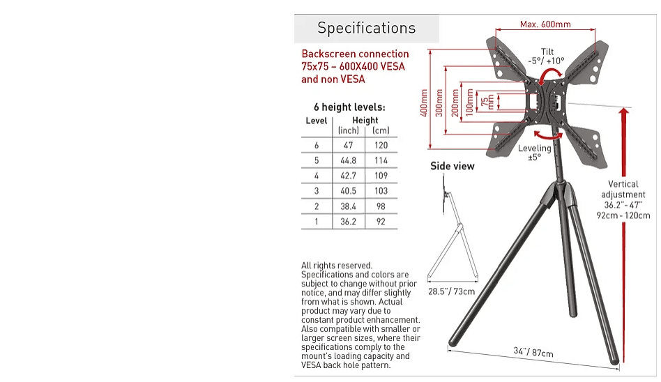 Suport tripod portabil de podea pentru TV Barkan, 13" - 83", VESA 600x400mm, Max 50kg, Negru — miniatură