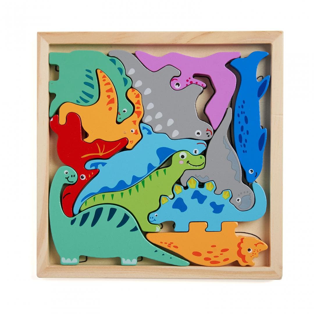 PUZZLE DIN LEMN CU DINOZAURI, 12 PIESE, MOMKI — miniatură