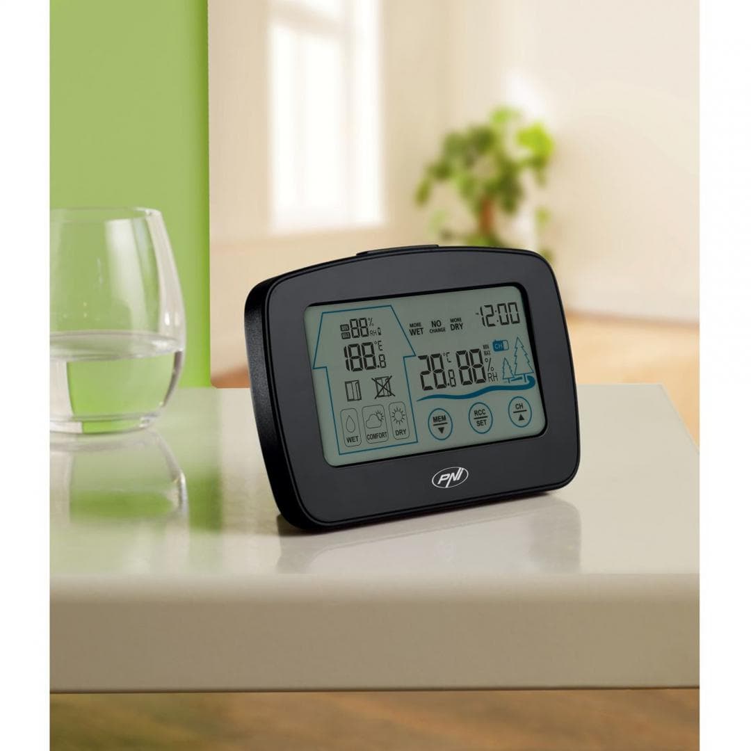 Statie meteo PNI MS500 cu senzor extern fara fir, afiseaza temperatura si umiditatea interioara si exterioara, memorie valori climaterice minime si maxime, Alimentare: 3 x baterii AAA 1.5V, Interval masurare: -9.9°C ~ +50°C / +14°F ~ +122°C, Interval masurare umiditate: 20% ~ 95%RH, Afisare ora — miniatură