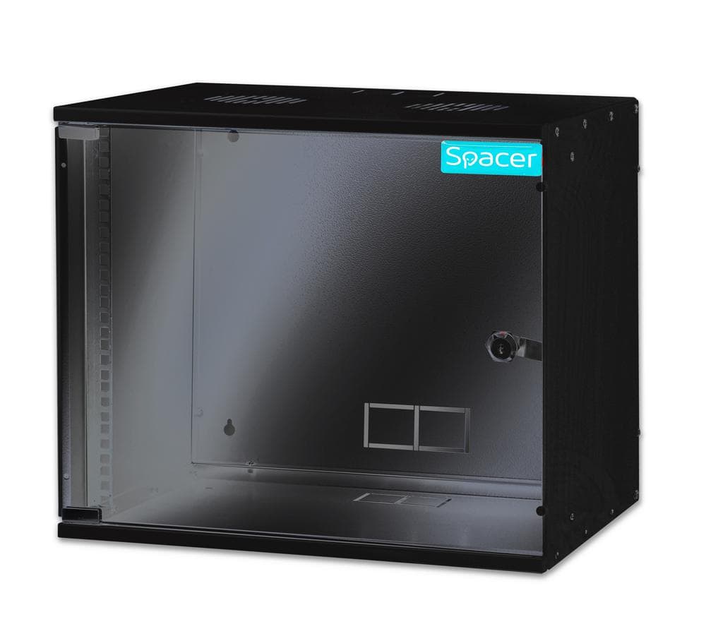 Cabiner Space 19" 9U, fixare pe perete, dezasamblat, 448x515x400, usa sticla cu blocare, otel 1.5mm, greutate maxima 100KG, negru