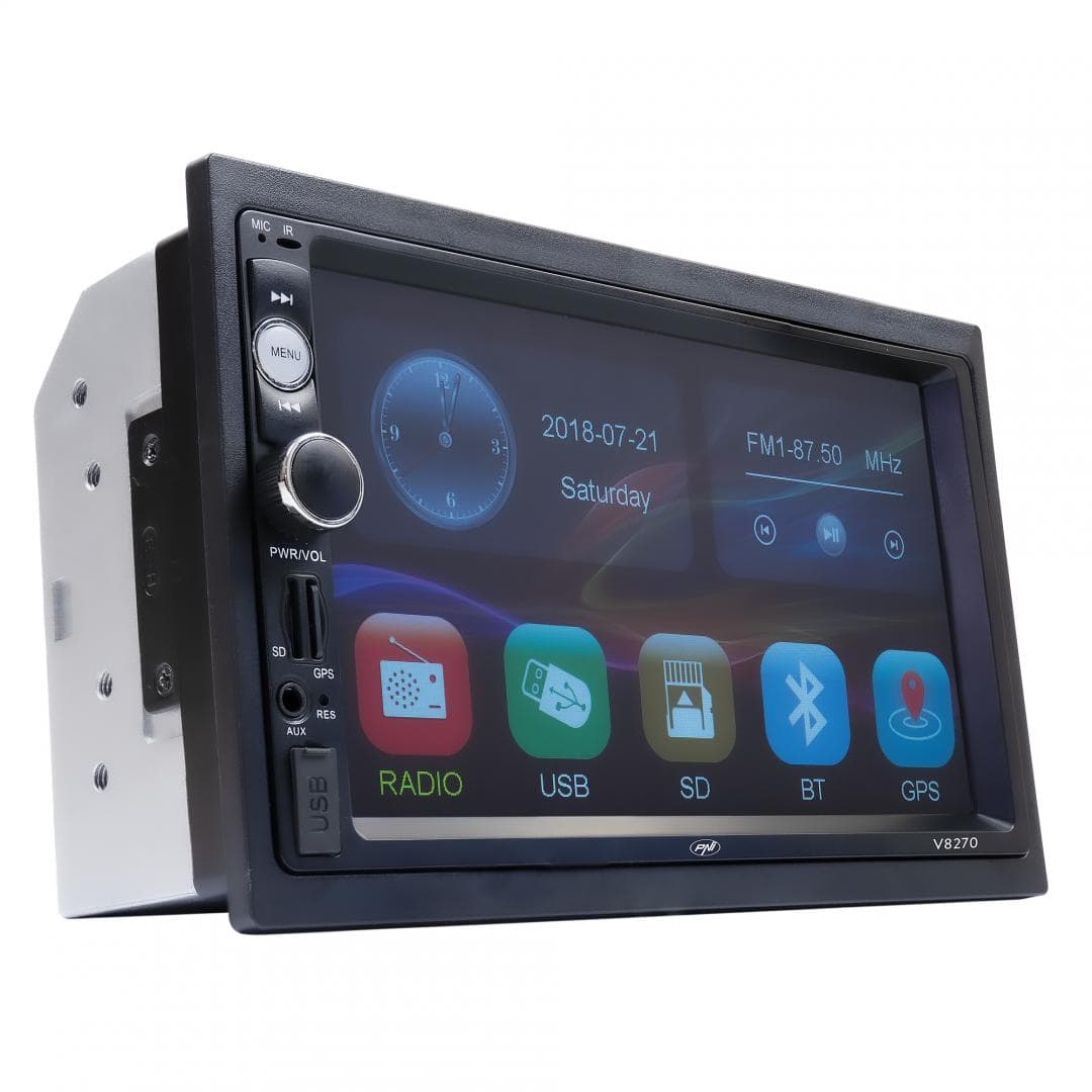 Navigatie multimedia PNI V8270 2 DIN cu GPS MP5, touch screen 7 inch, radio FM, Bluetooth, Mirror Link, AUX, USB, microSD, Culoare: negru, 7", Rezolutie: 1920 x 1080px, Aspect: 16:9, Formate acceptate: DVD, VCD, CD, CD-R, MP3, JPEG, WMA, Procesor: 500 MHz, Bluetooth, format audio: MP3, WMA, WAV — miniatură