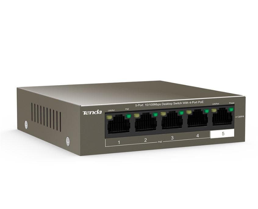 Tenda switch TEF1105P-4-38W, 5-Port 10/100Mbps, 4-porturi POE, Standarde de retea: IEEE 802.3、 IEEE 802.3u、IEEE 802.3x、 IEEE 802.3af, interfata: 4*10/100 Base-TX Ethernet Ports(Data/Power), 1*10/100 Base-TX Ethernet Port(Data), Dimensiuni: 100.0mmx100.0mmx26.0mm, Switch capacity: 1Gbps, buget POE — miniatură