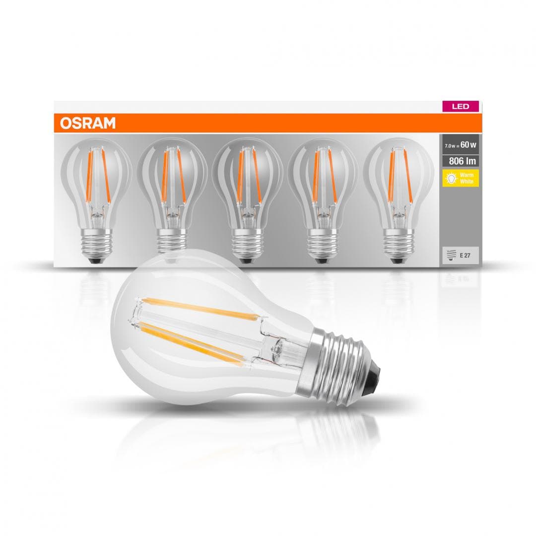 5 Becuri LED Osram Base Classic A, E27, 7W (60W), 806 lm, luminacalda(2700K), cu filament — miniatură