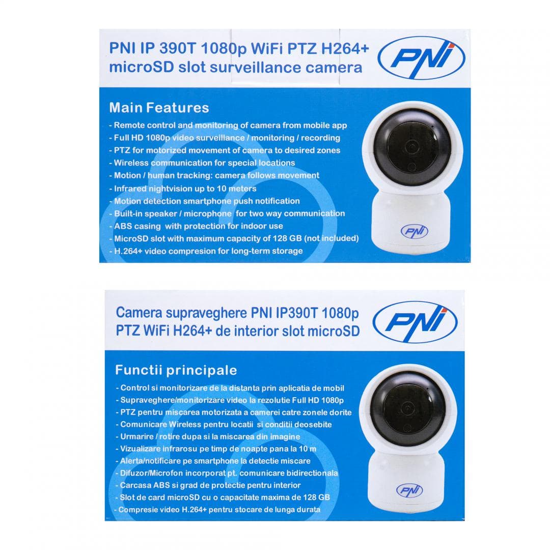 Camera supraveghere video PNI IP390T 1080P cu PTZ WiFi H264+ suporta microSD 128GB, Night Vision, aplicatia Tuya, P2P, Android, iOS, pentru interior, rotire dupa miscare, alarma la miscare, Senzor imagine:1/2.9" CMOS F37, 2MP, Rezolutie: 1080P (1280 x 1080), Lentila: 3.6mm, Compresie: H.264+ — miniatură
