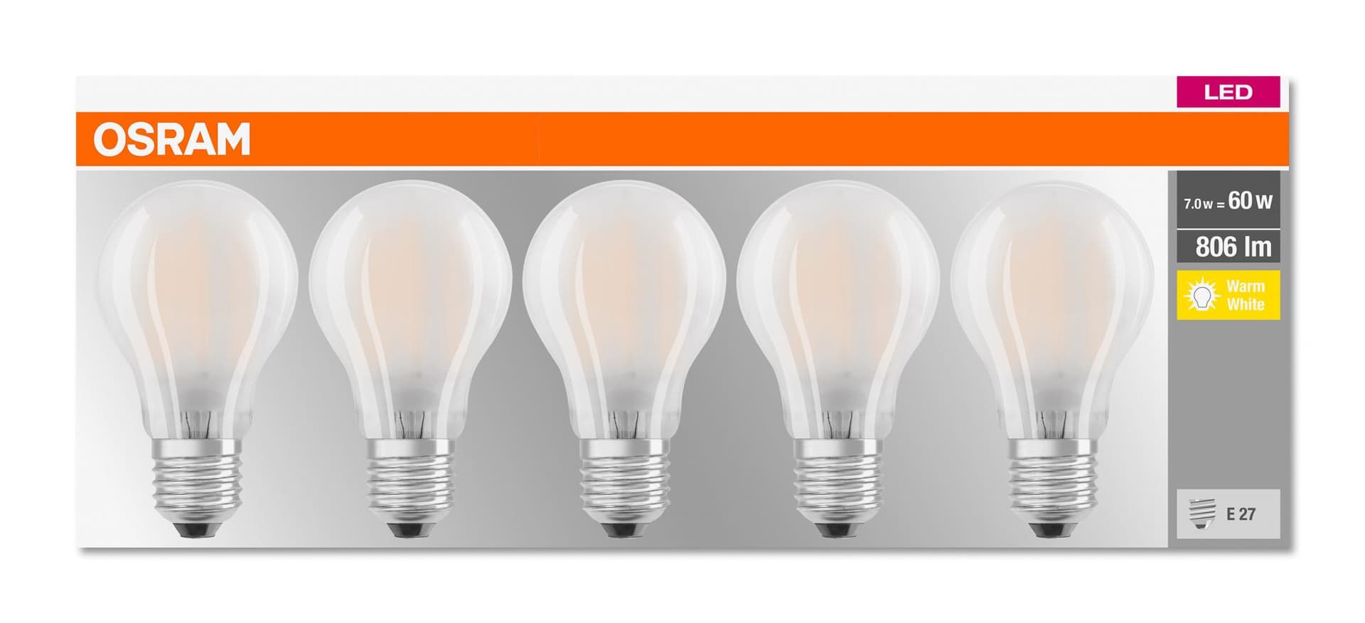 5 Becuri LED Osram Base Classic A, E27, 7W (60W), 806 lm, luminacalda(2700K), semi-transparent