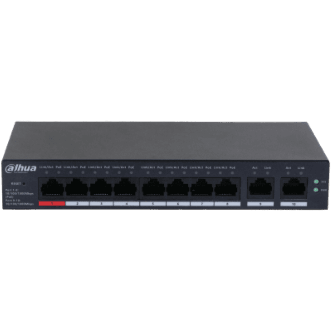 Dahua 10-Port Cloud Managed Desktop Gigabit Switch cu 8-Port PoE, CS4010-8GT-110, Interfata: Port 1-8: 8 × RJ-45 10/100/1000 Mbps (PoE); Port 9-10: 2 × RJ-45 10/100/1000 Mbps（uplink）, Managed, Layer 2, Switching Capacity: 20 Gbps, Packet Forwarding Rate: 14.88 Mpps, Standarde retea: IEEE802.3 — miniatură