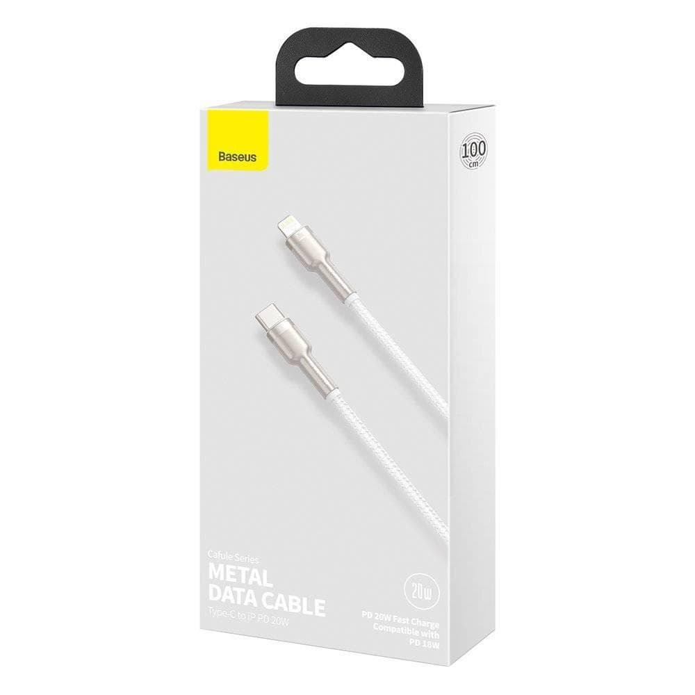 CABLU alimentare si date Baseus Cafule Metal, Fast Charging Data Cable pt. smartphone, USB Type-C la Lightning Iphone PD 20W, brodat, 1m, alb — miniatură