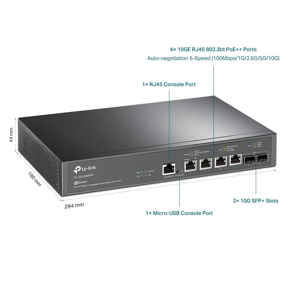 "JetStream™ 4-Port 10GBase-T and 2-Port 10GE SFP+ L2+ Managed Switch with 4-Port PoE++ PORT: 4× 10G PoE++ Ports, 2× 10G SFP+ Slots, RJ45/Micro-USB Console Port SPEC: 802.3bt/at/af, 200 W PoE Power, 1U 13-inch Rack-mountable Steel Case FEATURE: Integration with JetStream™ SDN Controller,Static — miniatură
