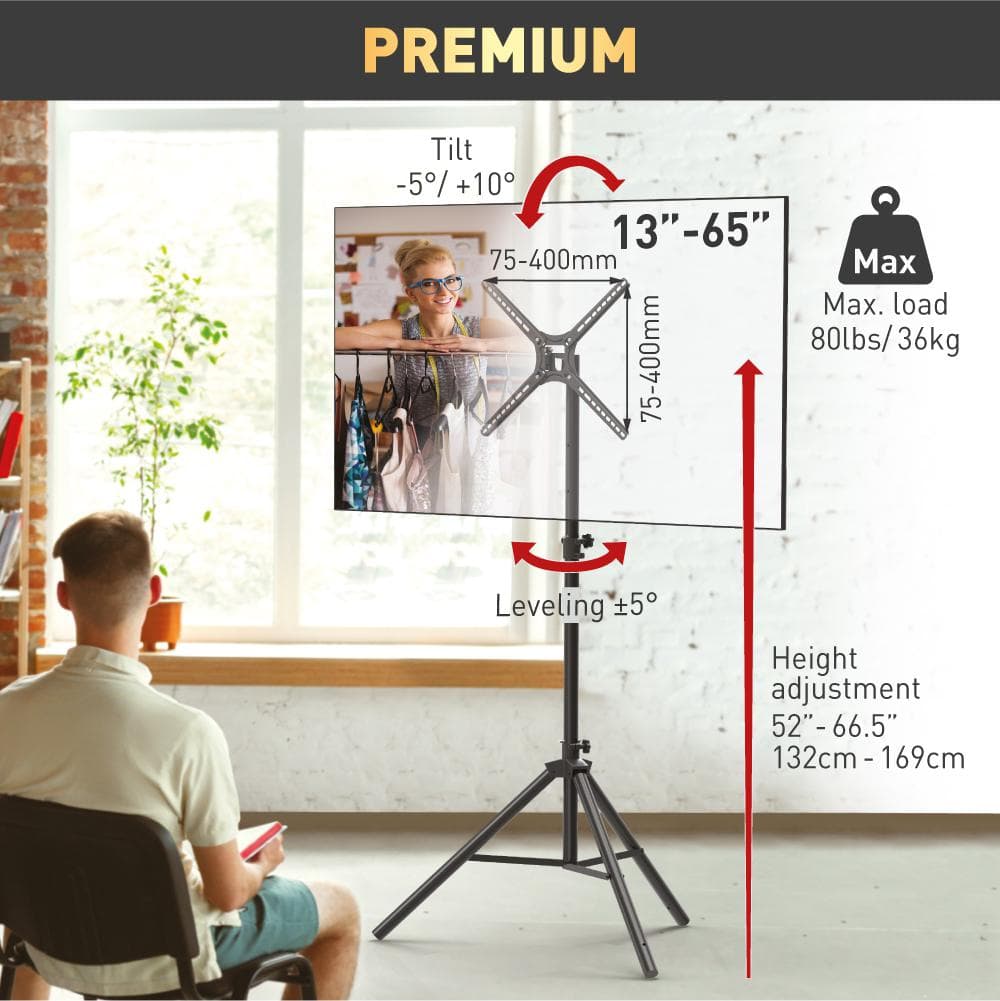 Suport tripod portabil de podea pentru TV plat/curbat Barkan, 13" - 65", VESA 400x400mm, Max 110kg, Negru — miniatură
