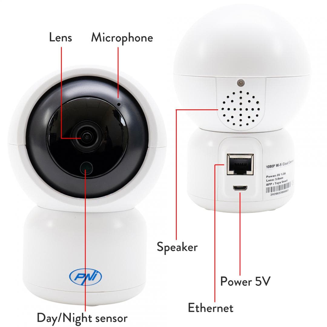 Camera supraveghere video PNI IP390T 1080P cu PTZ WiFi H264+ suporta microSD 128GB, Night Vision, aplicatia Tuya, P2P, Android, iOS, pentru interior, rotire dupa miscare, alarma la miscare, Senzor imagine:1/2.9" CMOS F37, 2MP, Rezolutie: 1080P (1280 x 1080), Lentila: 3.6mm, Compresie: H.264+ — miniatură