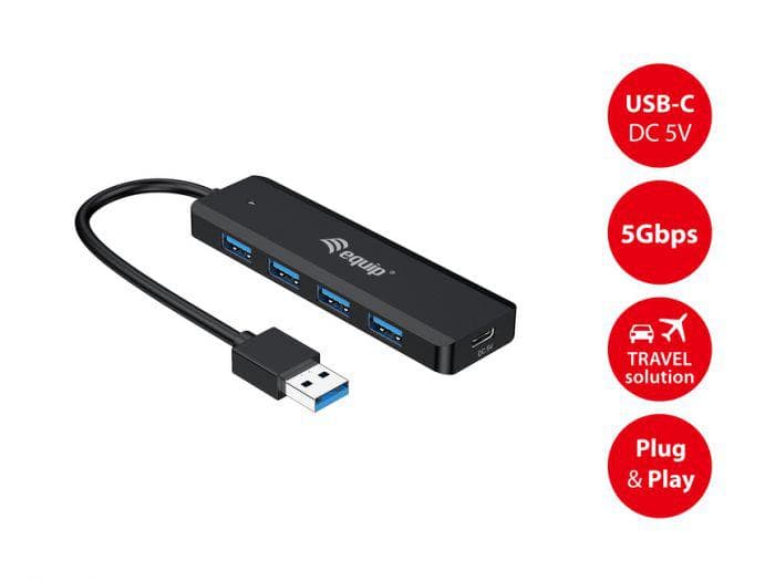 Hub USB EQUIP 4-Port USB 3.2 Gen 1 Hub with USB-C Adapter, USB-A, 5 porturi, Negru — miniatură