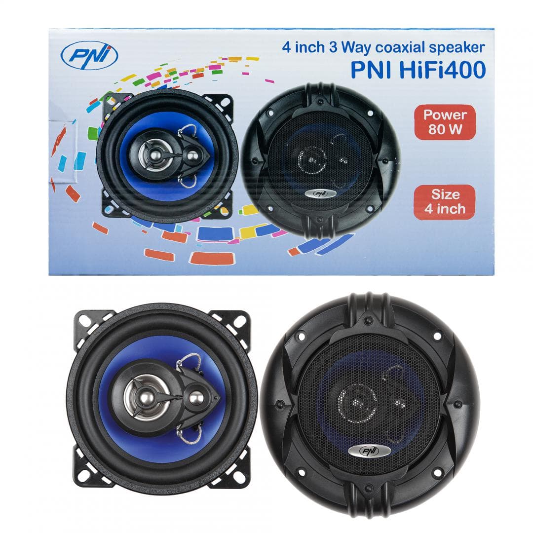 Difuzoare auto coaxiale PNI HIFI400, 80W, 4 Ohm, 10 cm, 3 cai, Injection Core cu diametru 100mm, set 2 buc, Raspuns in frecventa: 100 - 20000 Hz, 3 cai, Sensibilitate: 88 dB, 15 mm Piezo Tweeter, 30 mm Mylar Dome Tweeter, Grile protectie, Cablaj montaj.