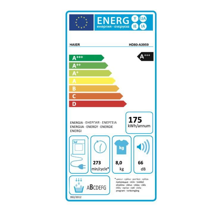 Uscator de rufe Haier HD80-A3959-S, Pompa de caldura cu compresor inverter, 8kg,clasa A+++, WIFI-app hOn, 11 programe +app, alba - usa neagra — miniatură