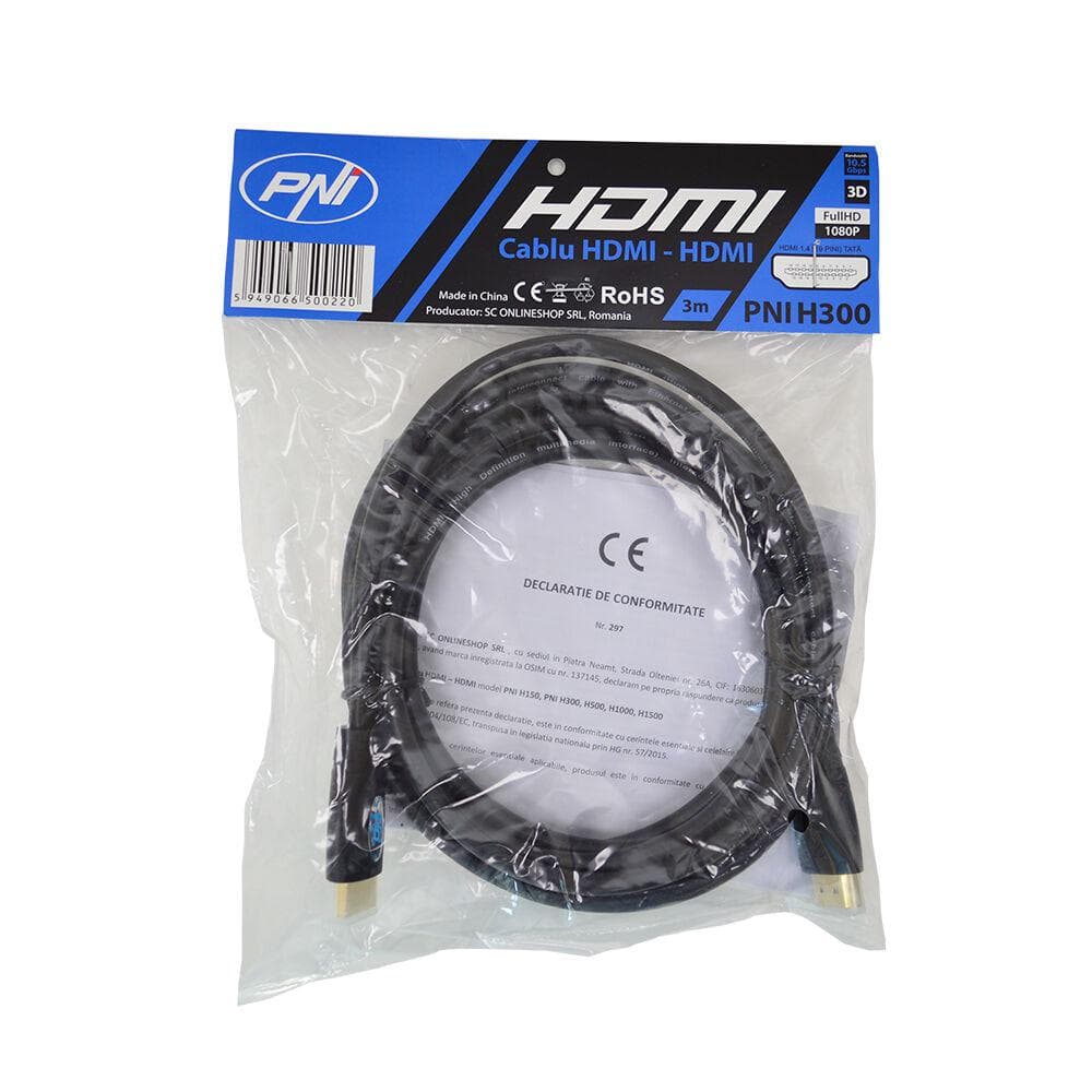 PNI CABLU HDMI Lungime: 3M, Versiune HDMI: 1.4, Lungime de banda: 10.5Gbps, Rezolutie max. suportata: FullHD 1080p, Conectori Placati cu aur.