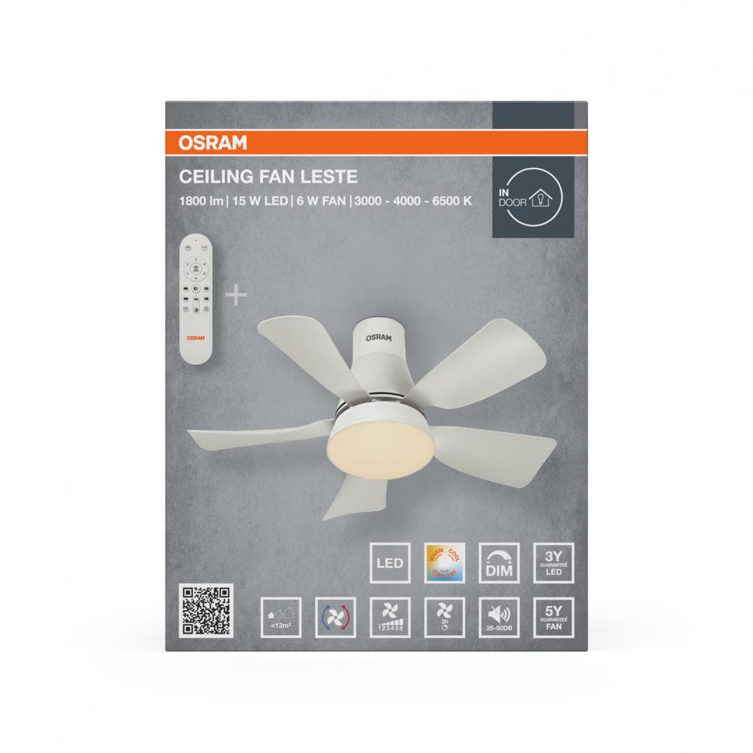 Plafoniera LED CCT cu ventilator Osram Leste cu Telecomanda, 21W, 1800lm, lumina alba (3000-4000-6500K), dimabila, IP20, max 600 m³/h, timer 2h-4h-8h Alb — miniatură