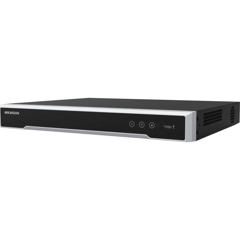 NVR Hikvision 16 canale DS-7616NI-M2, 2-ch@32 MP (30 fps)+2-ch@ 8MP(30fps)/10-ch@8 MP (30 fps)/20-ch@4 MP (30 fps)/40-ch@1080p (30 fps), iesiri: HDMI/VGA, BNC, H.265+/H.265/H.264+/H.264, 2x SATA max 16TB, alimentare: 12 VDC, 3.33 A, dimensiuni: 385 × 315× 52 mm, greutate: 3kg.