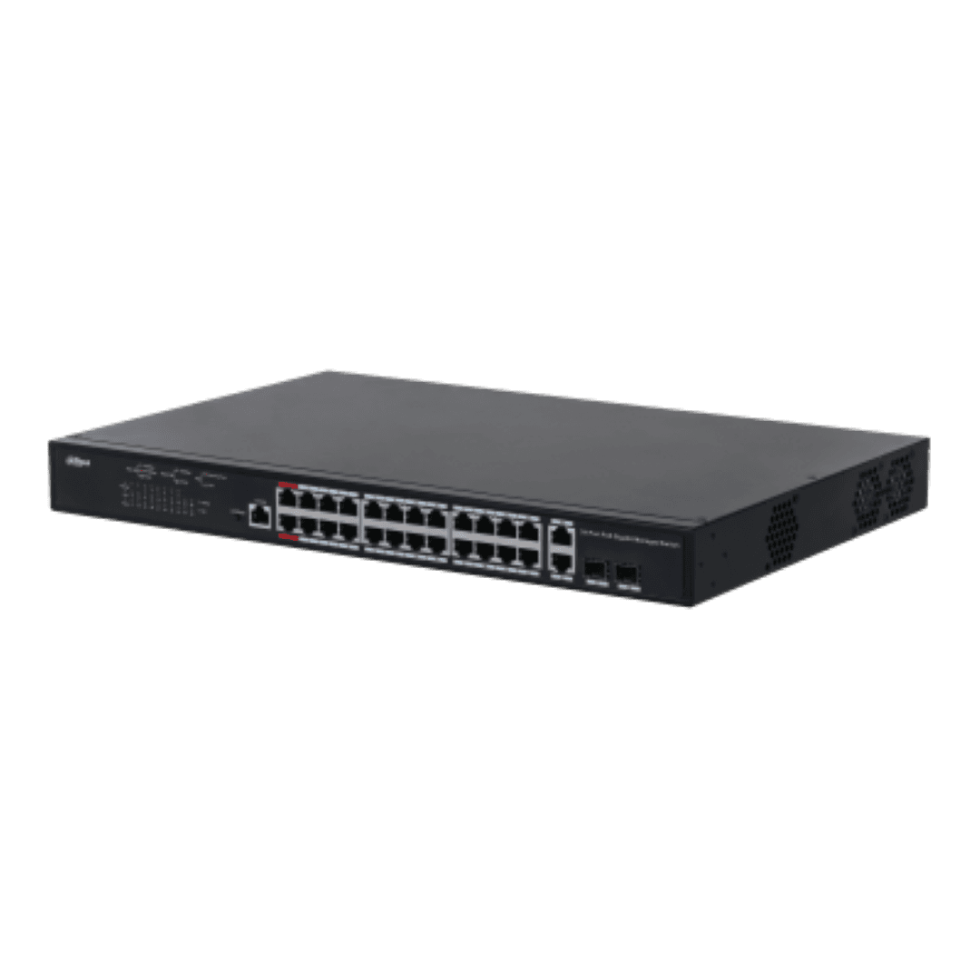 Dahua managed switch 26 porturi, 24 porturi POE, Interfata:24 x 10/100/1000 Mbps, 2 x 2 gigabit uplink combo ports, Buget POE: 370w, Switching Capacity: 56 Gbps, Packet Forwarding Rate: 41.7 Mpps, Standarde retea: IEEE 802.3, IEEE 802.3u, IEEE 802.3ab, Dimensiuni: 440 mm × 290.7 mm × 43.3 mm