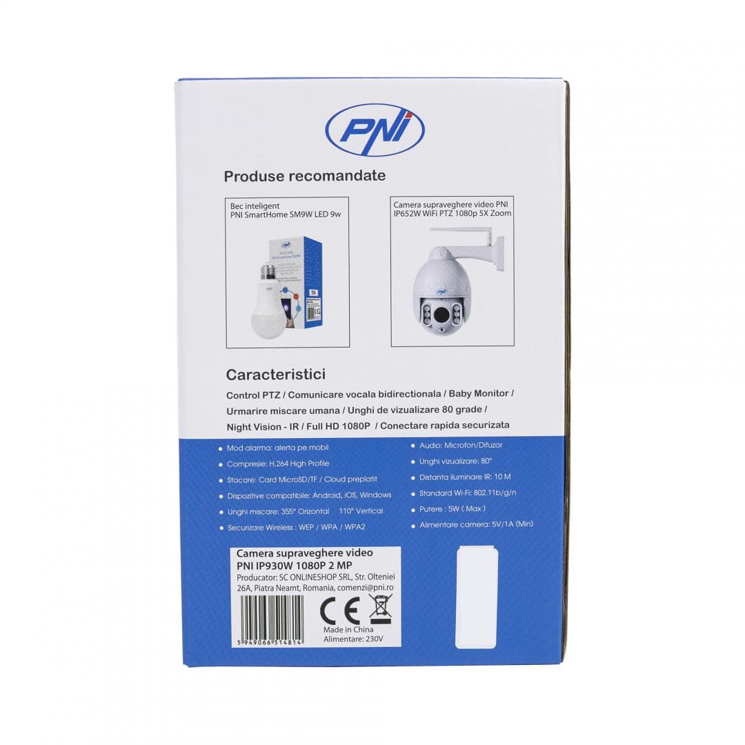 Camera supraveghere video PNI IP930W 1080P 2 MP cu IP P2P PTZ wireless, slot card microSD, Senzor imagine: 1/2.7, 2MP, 1080p, Lentila: f:3.6mm, Compresie imagine: H.264, 20fps/25fps 1080P (1280x720P), Rezolutii: 1080P (1920x1080) / 720P ( 1028x720), Microfon integrat, Difuzor integrat, 1 x 10/100 — miniatură