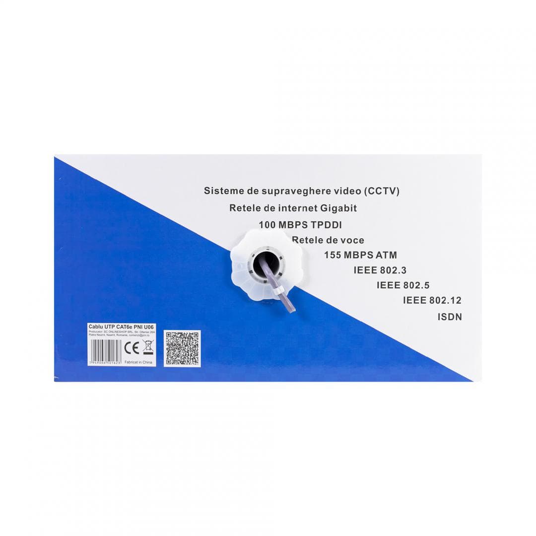 Cablu UTP CAT6 PNI U06 cu 4 perechi pentru internet 1 Gigabit si sisteme de supraveghere Rola 305m — miniatură