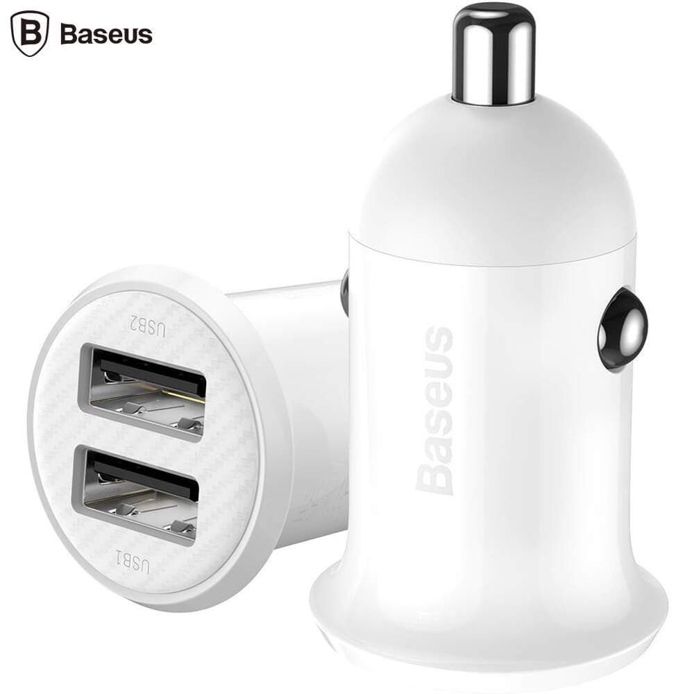 Incarcator auto Baseus Grain Pro, 2 x USB Output 5V/4.8A total ambele porturi, pt. bricheta auto, alb — miniatură