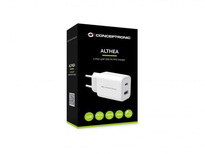 Incarcator Retea CONCEPTRONIC ALTHEA 2-Port 33W USB PD PPS Charger, QC 3.0, 33W, 2 porturi, Alb