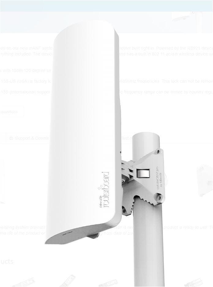 Mikrotik Antena externa 15dBi, 120 grade + router wireless integrat, CPU: 720Mhz, Ram: 128 Mb, dimensiuni: 140 x 348 x 82 mm, Passive POE, viteza wireless 5Ghz 867 Mbit/s, tehnologie: Wi-Fi 5, 1 x 10/100/1000, 1 x SFP. — miniatură