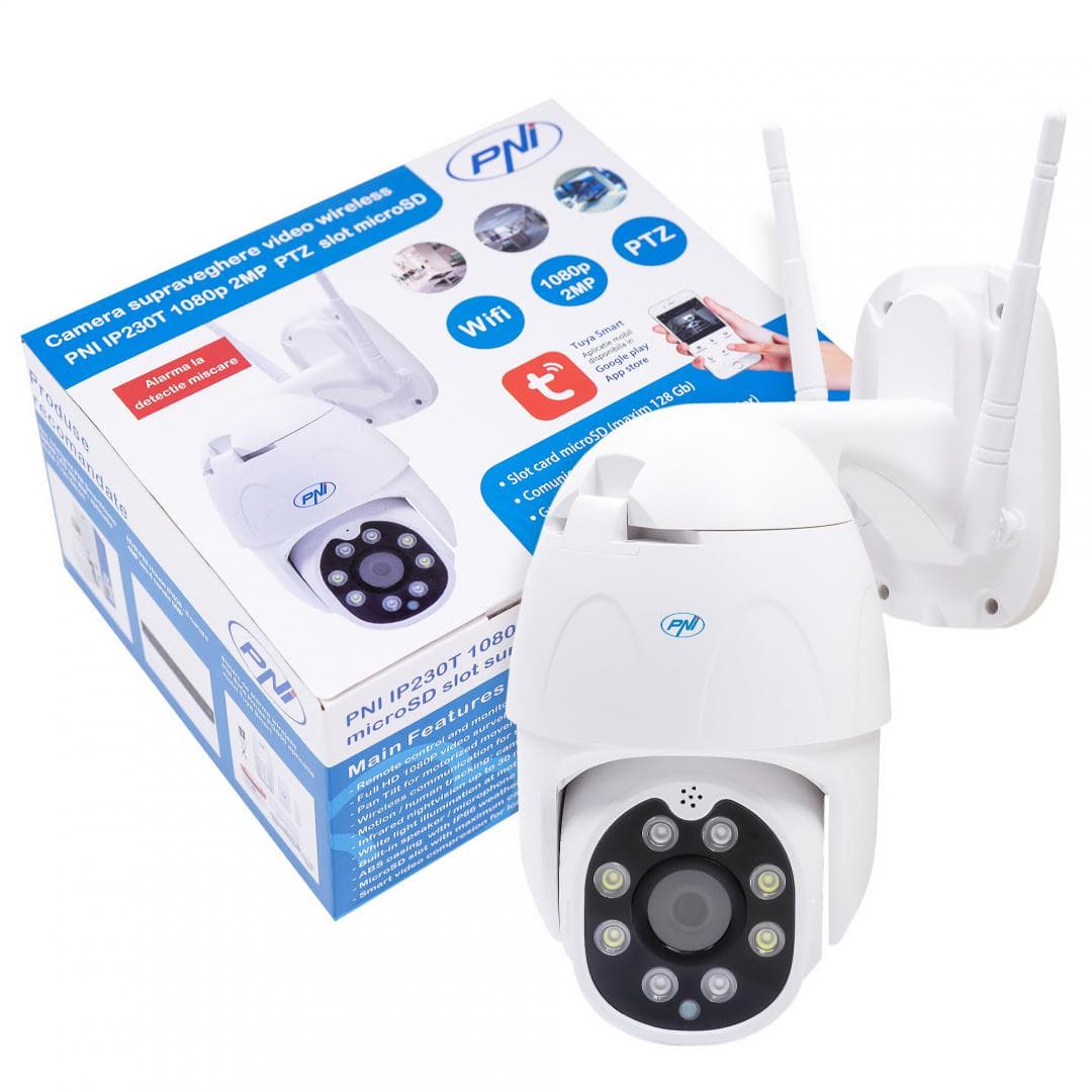 Camera supraveghere video wireless PNI IP230T 1080P cu PTZ, stand-alone, H264+ suporta microSD 128GB, Night Vision, aplicatia Tuya, P2P, Android, iOS, pentru interior si exterior, rotire dupa miscare, alarma la miscare, 2MP, Rezolutie: 1080P, lentila: f:3.6mm, Compresie: H.264 +, 1080P (1920 x