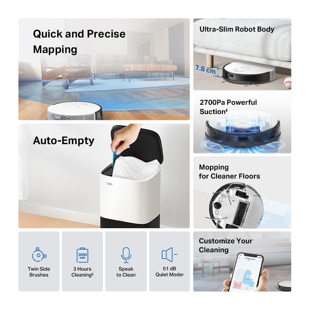 TP LINK Aspirator robot cu Mop, Smart empty dock și Navigare LiDAR TAPO RV20 MOP PLUS, Capacitate acumulator: 2600 mAh, Reincarcare si reluare, MagSlim LiDAR + Gyroscope, Harta virtuala, Inaltime de trecere: 20 mm, Putere aspiratie: 2700Pa, 4 niveluri, Capacitatea recipientului de colectare: 400ml — miniatură