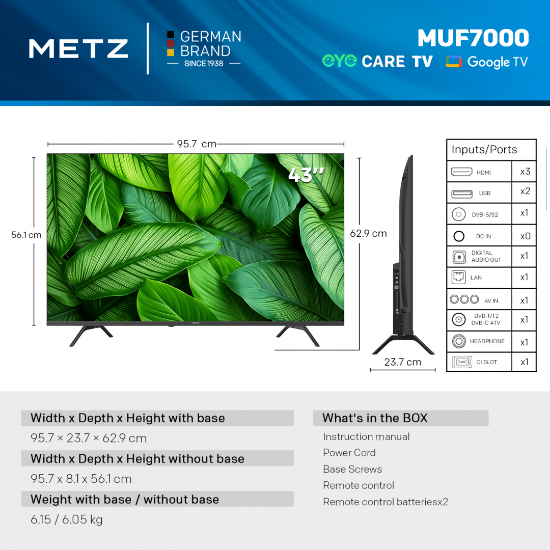 Televizor METZ LED 43MUF7000Z, 109 cm, Smart Google TV, 4K, Clasa F — miniatură