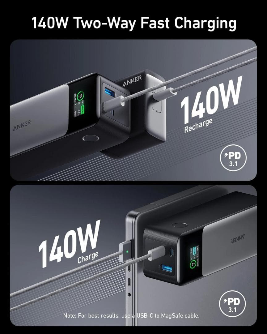 Baterie externa Anker 24000mAh, 140W, 1 x USB, 2 x USB Type-C, LED pt. status baterie, 5V/3A, negru — miniatură