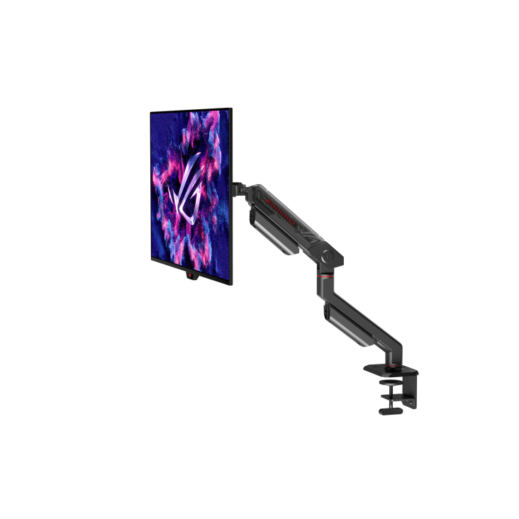 ASUS AAS01 – ROG Ergo Arm. Mounting: Clamp, Maximum weight capacity: 11.5 kg, Maximum screen size: 86.4 cm (34"), Minimum VESA mount: 100 x 100 mm, Maximum VESA mount: 100 x 100 mm. Height adjustment, Swivel angle range: -90 - 90°, Tilt angle range: -25 - 80°. Product colour: Black — miniatură