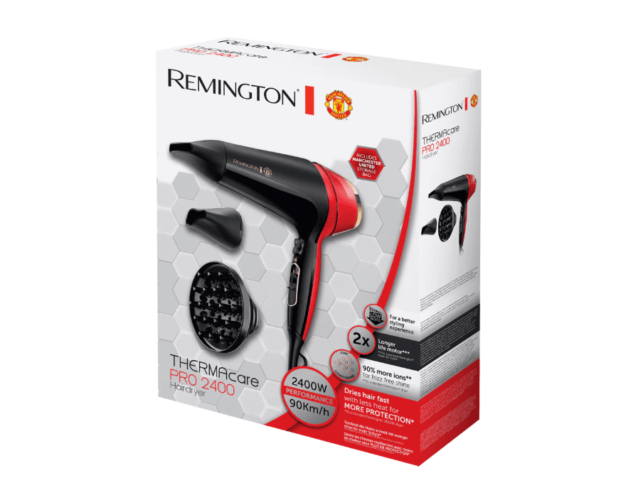 Uscator de par Remington D5755 Thermacare Manchester United, 2400 W, 2 viteze, 3 trepte de temperatura, Indicator LED Ionic, Turbo Boost, Rosu/ Negru — miniatură
