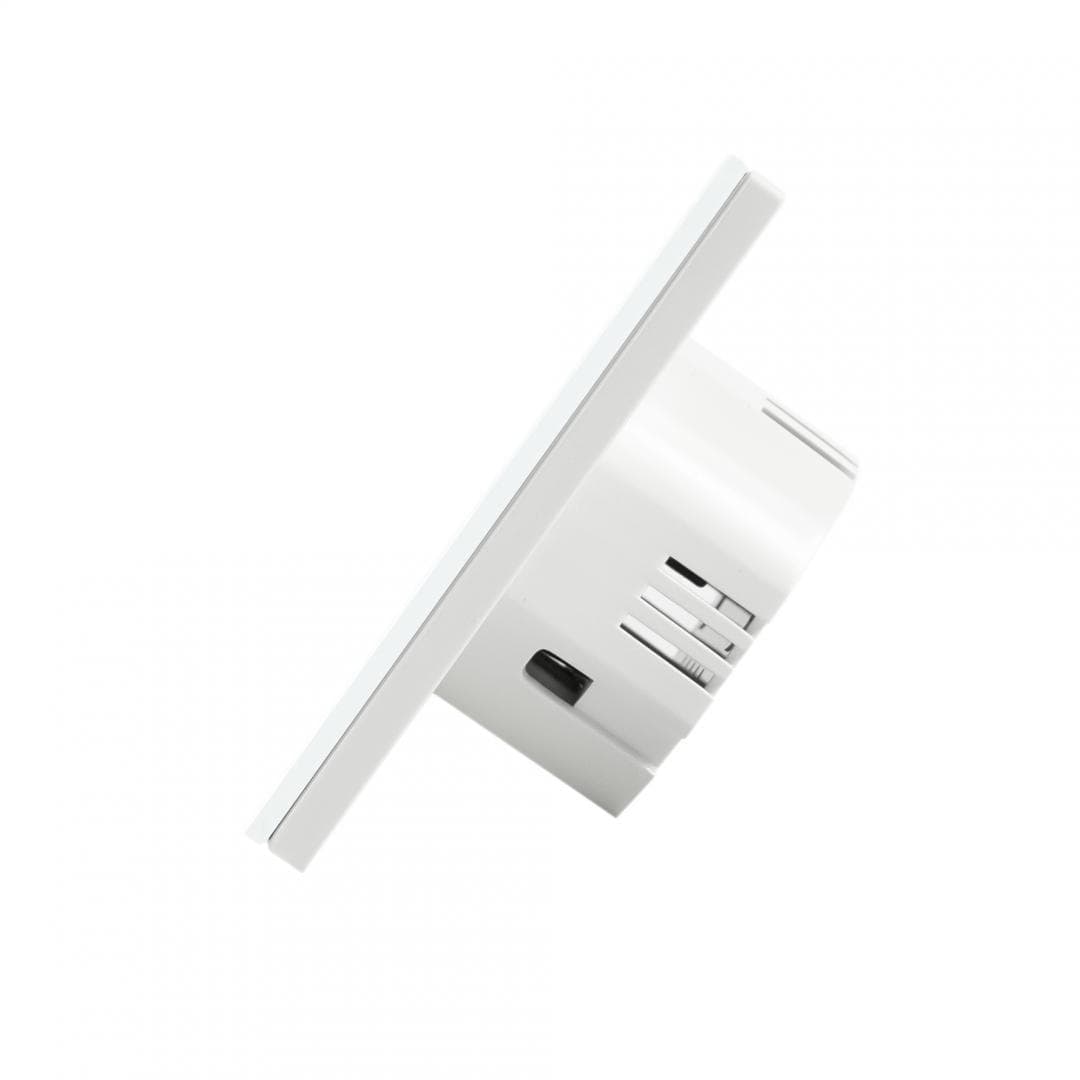Intrerupator dublu cu touch PNI SH202 din sticla, alb cu LED indicator, Butoane iluminate - Butoane tactile - Front din sticla, Sarcina maxima suportata: 200 W, Dimensiuni: 85 X 35 X 85 mm, Greutate: 120g — miniatură