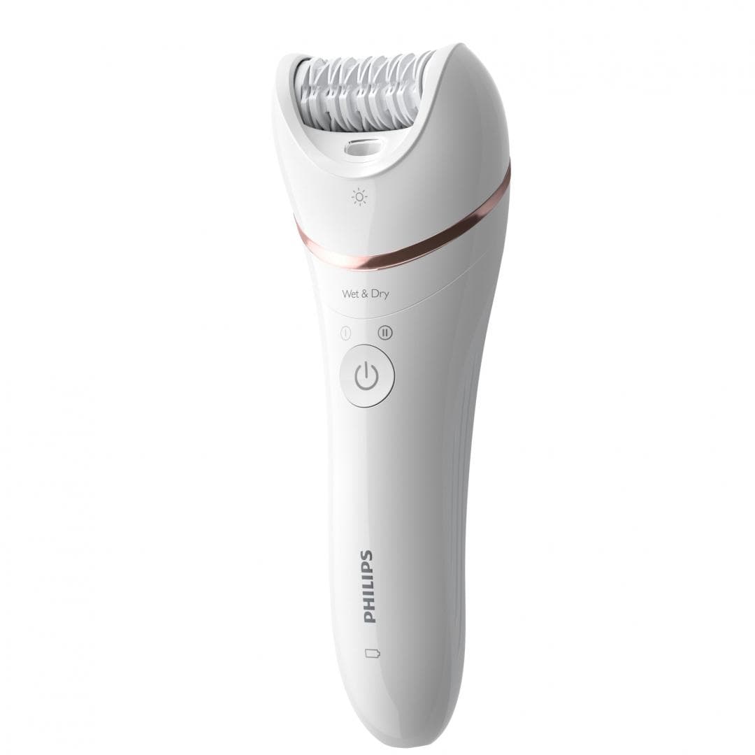 Epilator umed si uscat PHILIPS Seria 8000 BRE730/10, 7 accesorii, 32 pensete, Utilizare fara fir, 2 setari viteza, Opti-light, Discuri ceramice, Argintiu, L x A x I (mm) 65x210x185 — miniatură