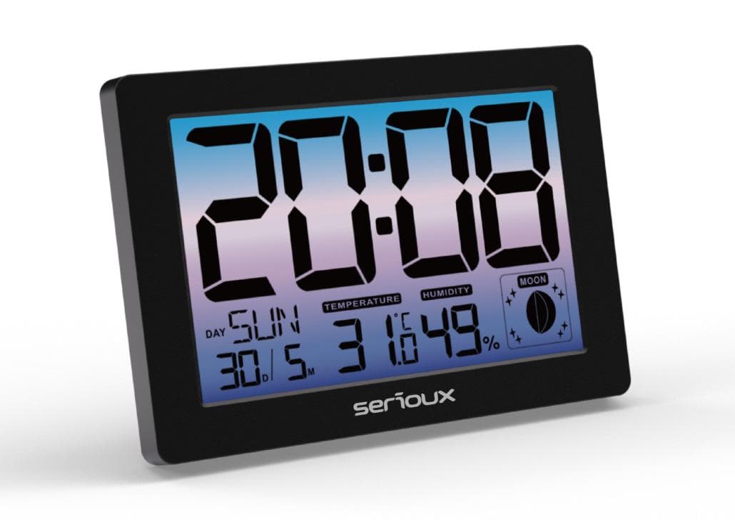 Ceas termometru higometru de camera TH86145, caracteristici: temperatura interioară, afișare ora, calendar, faza lunii, alarmă SPECIFICAȚII: alimentare: adaptor DC 5V 150 mA, baterii: 3x baterii AAA (nu sunt incluse), unitate de temperatură: C&F, interval de afișare a temperaturii: -9,9