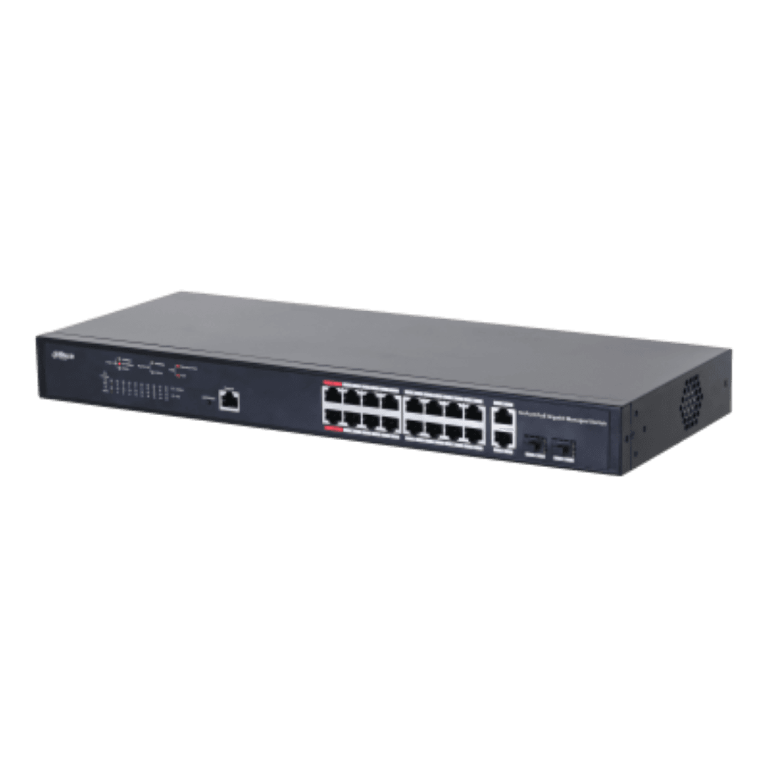 Dahua Managed Switch 18 porturi, 16 porturi POE, Gigabit, Port 1-16:16 × 10M/100M/1000MBase-T (PoE), Port 17-18:2 × 10M/100M/1000MBase-T (uplink) (combo), Port 17-18:2 × 1000M SFP (uplink)(combo), 1 × Console port, Managed L2, Capacitate switch: 56 Gbps, Packet Forwarding Rate: 29.76 Mpps