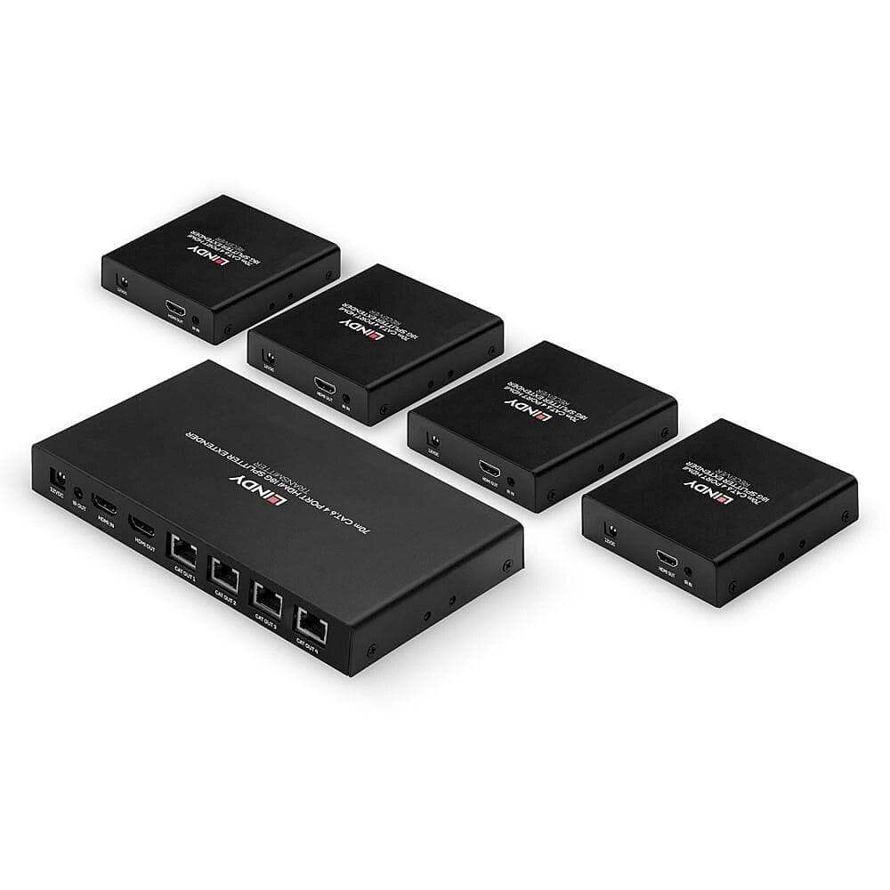 Lindy 70m 4 Port Cat.6 HDMI 4K60 Splitter Extender Description Distribute 4K HDMI signals to up to 4 displays in multiple locations Supports resolutions up to 4K@60Hz, with additional support for HDR Features a loop-through HDMI output on the transmitter for local monitoring or cascading for — miniatură