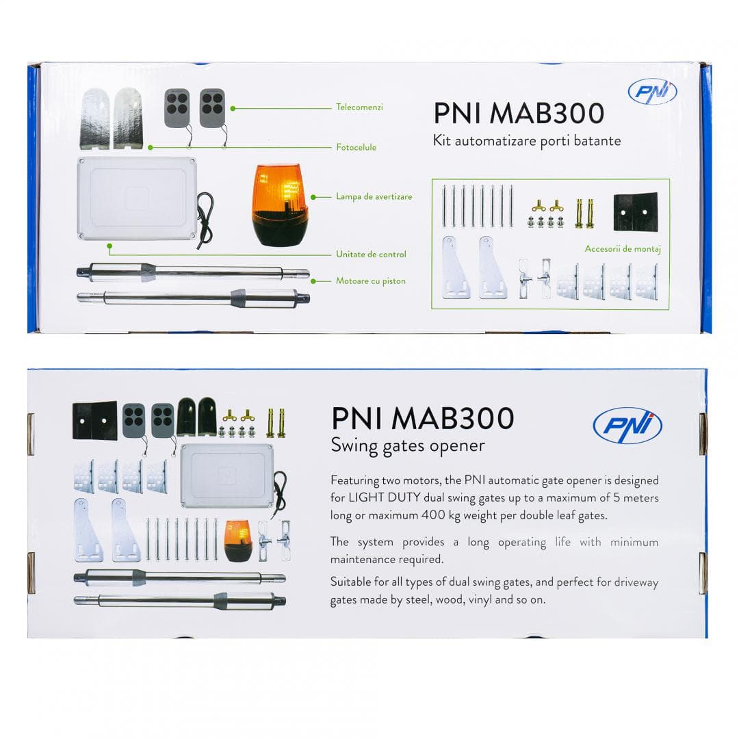 Kit automatizare porti batante PNI MAB300, cu 2 motoare 40W, telecomenzi si panou de control, fotocelule si lampa, lungime poarta 2 x 2.5m max, greutate poarta 200Kg, Putere: 40w X 2, Lungimea maxima a foii de poarta: 2.5m,Viteza motor 1,6 cm/sec, 250rpm, IP55,