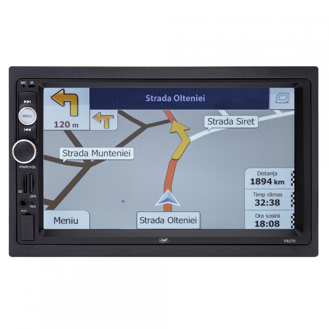 Navigatie multimedia PNI V8270 2 DIN cu GPS MP5, touch screen 7 inch, radio FM, Bluetooth, Mirror Link, AUX, USB, microSD, Culoare: negru, 7", Rezolutie: 1920 x 1080px, Aspect: 16:9, Formate acceptate: DVD, VCD, CD, CD-R, MP3, JPEG, WMA, Procesor: 500 MHz, Bluetooth, format audio: MP3, WMA, WAV — miniatură