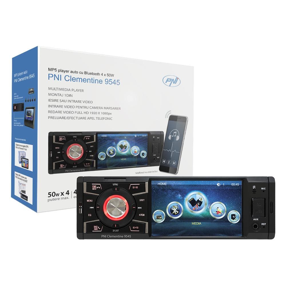 PNI MP5 PLAYER AUTO 1DIN 4" display Clementine 9545,50Wx4, Bluetooth, Radio FM, SD, USB, 2 x RCA video in, AUX in, 1 x RCA Intrare / Iesire video 1 x RCA Intrare video pentru camera marsarier,  Redare video full HD 1920 x 1080px, Format fisiere redare:  MP5, MP3, MP4, WMA, WAV etc.