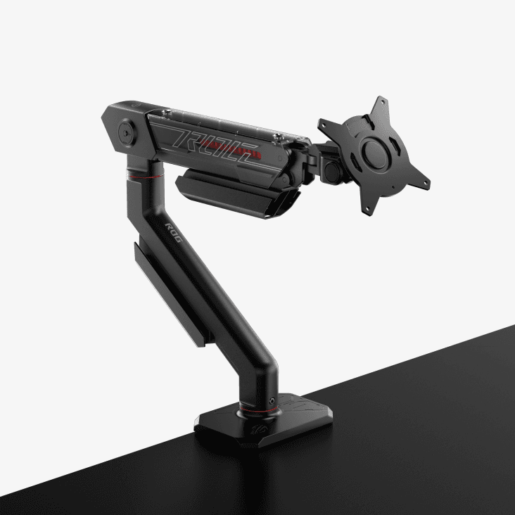 ASUS AAS01 – ROG Ergo Arm. Mounting: Clamp, Maximum weight capacity: 11.5 kg, Maximum screen size: 86.4 cm (34"), Minimum VESA mount: 100 x 100 mm, Maximum VESA mount: 100 x 100 mm. Height adjustment, Swivel angle range: -90 - 90°, Tilt angle range: -25 - 80°. Product colour: Black