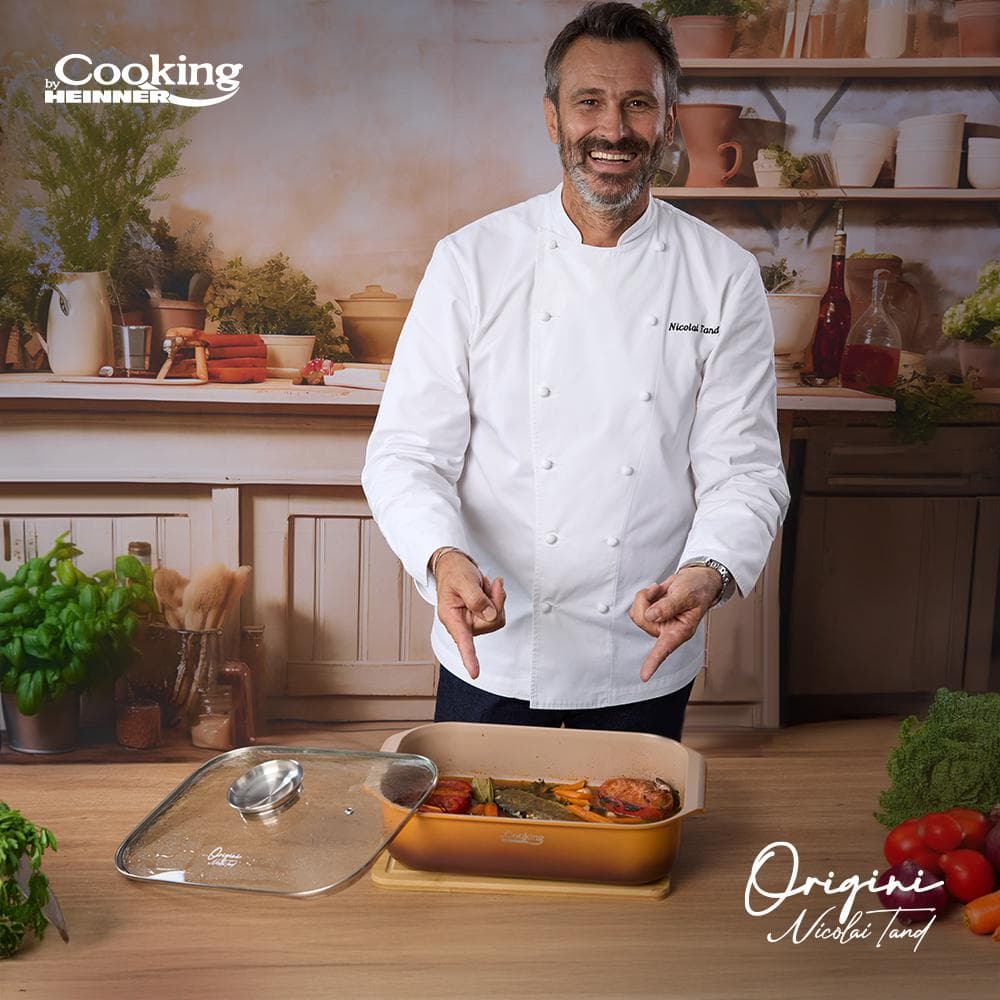 TAVA INALTA CUPTOR DIN ALUMINIU TURNAT + CAPAC 39 x 26 x 8.5 CM, 6 L, NICOLAI TAND, ORIGINI, COOKING BY HEINNER — miniatură